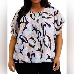 Calvin Klein Ladies Flutter Sleeve Top Black Abstract Print Size Medium NWT